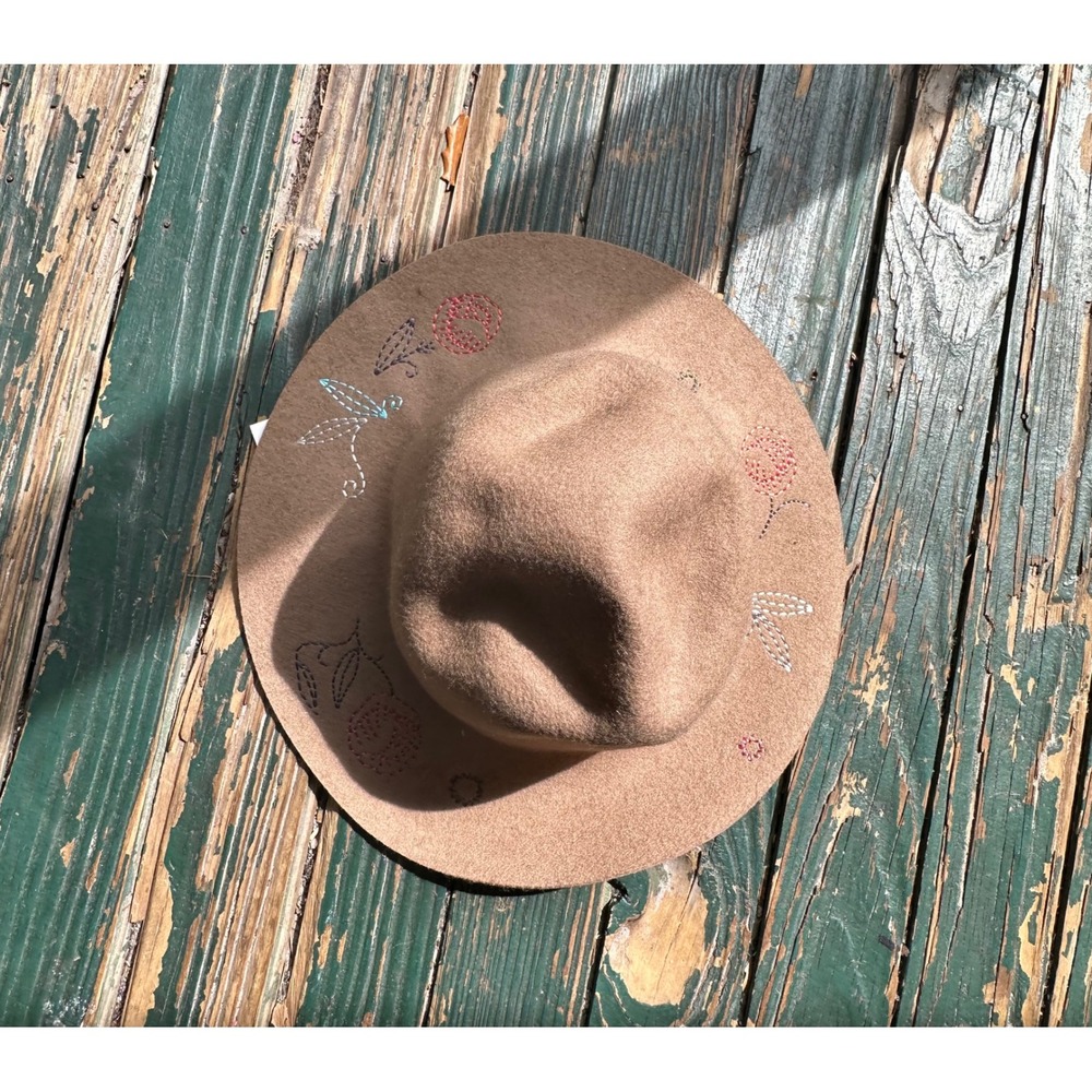 Tan 100% Wool Wide Brim Fedora Hat Floral Embroidered Boho Camel RN 17730